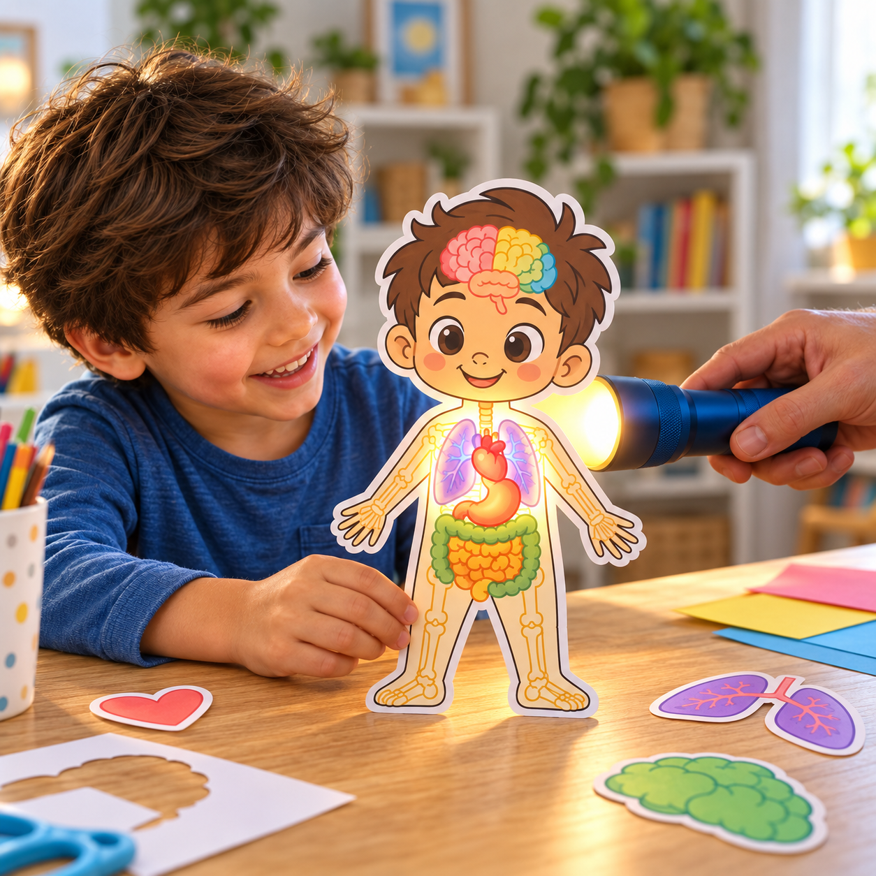 Criança observa o personagem de papel enquanto uma lanterna revela os órgãos.